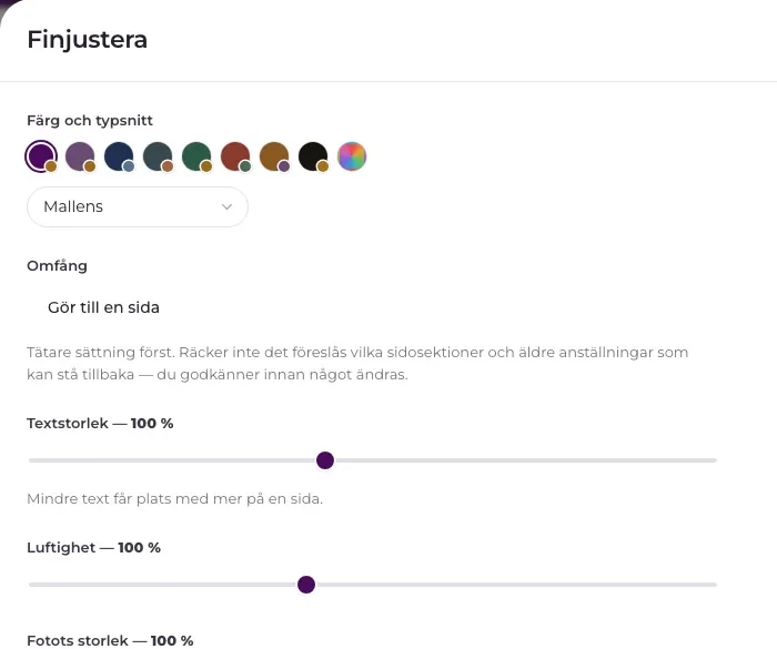 Panelen Finjustera: åtta färger med andraton, typsnittsval, knappen Gör till en sida samt reglage för textstorlek och luftighet