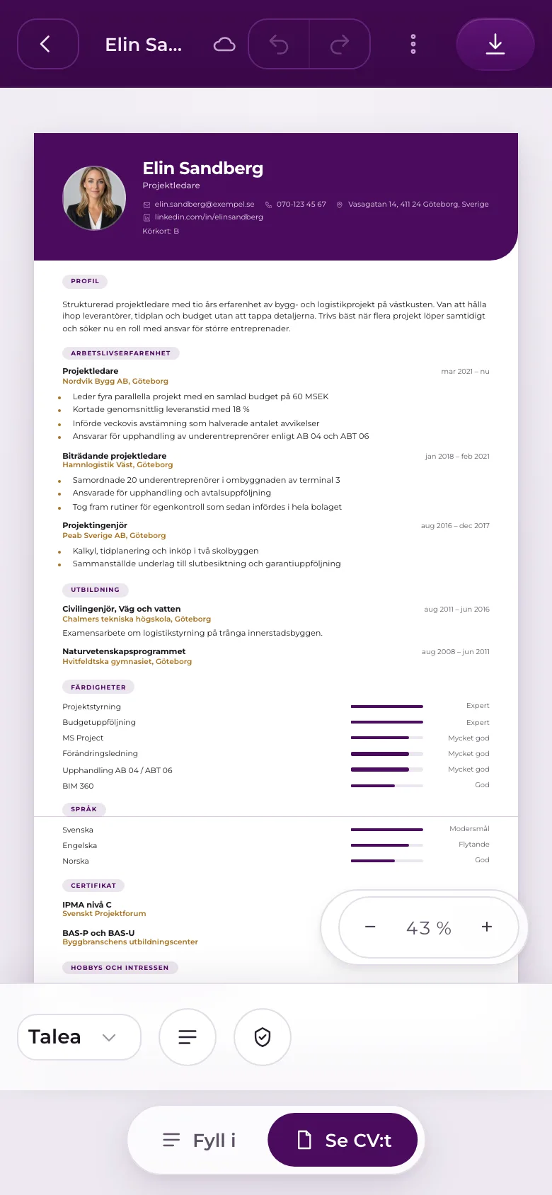 CV-byggaren på en mobil i läget Se CV:t, med hela arket synligt och knapparna Fyll i och Se CV:t nederst