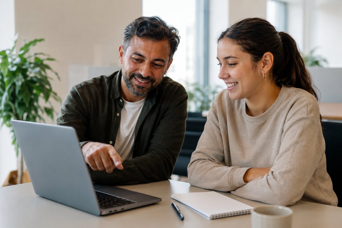 Rådgivare och jobbsökare går igenom ett CV tillsammans vid en laptop