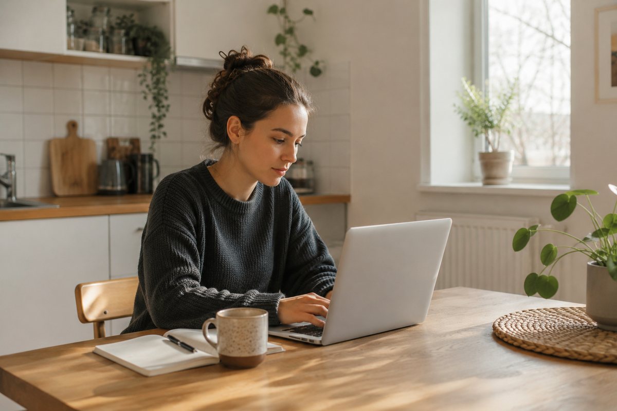 Jobbsökare skriver sitt CV på en laptop vid köksbordet