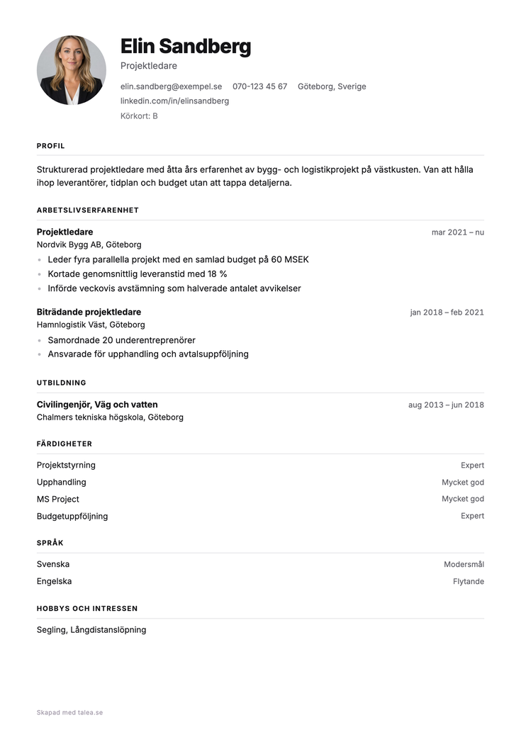 ATS-säkert CV i mallen Klar — en spalt, ren typografi, inga tabeller