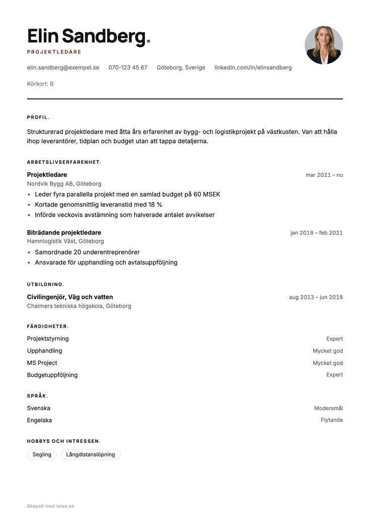 Ett komplett CV på en enda A4-sida — mallen Grotesk