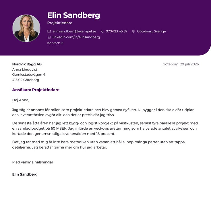 Personligt brev med samma sidhuvud som CV:t — mallen Talea