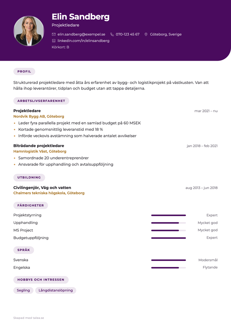 Komplett CV-exempel i mallen Talea — sektionerna i den ordning guiden beskriver